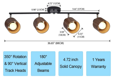 4 Light Track Lighting Kit 36 Inch Black Ceiling Mount With Natural Wood Finish Directional Spots For Living Room Kitchen And Utility Room Modern Mid Century Style Vibe - dimensions and features infographic