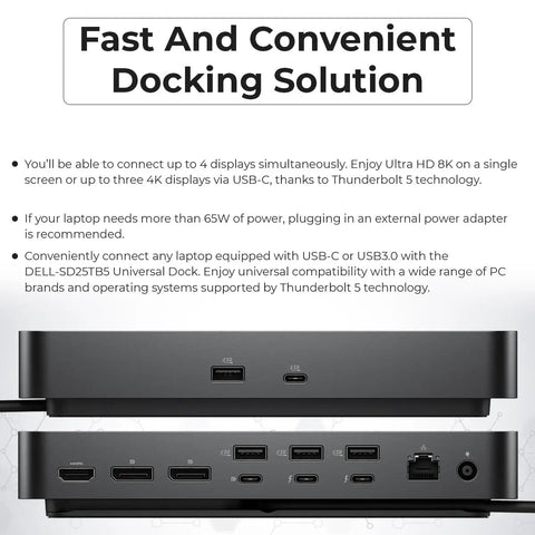 Kickass Thunderbolt 5 Docking Station SD25TB5 With 300W Power Delivery Supports Quad 4K Displays rear ports view with USB-C, HDMI.