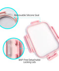 Glass Meal Prep Containers Set of 10 with Lids Airtight Food Storage Boxes detail of pink removable silicone seal and locking lids