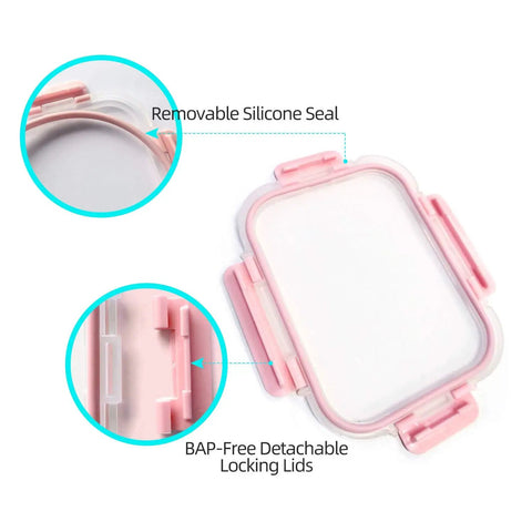 Glass Meal Prep Containers Set of 10 with Lids Airtight Food Storage Boxes detail of pink removable silicone seal and locking lids
