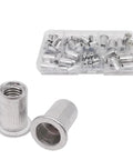 Rivet Nut Assortment Kit 70 Piece Set Of 304 Stainless Steel Flat Head Threaded Rivnuts In M3 To M8 With Storage Box displayed