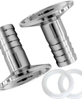 Angled view of two stainless steel 1.5-inch tri-clamp to 3/4-inch hose barb fittings with white gaskets (pack of 2)