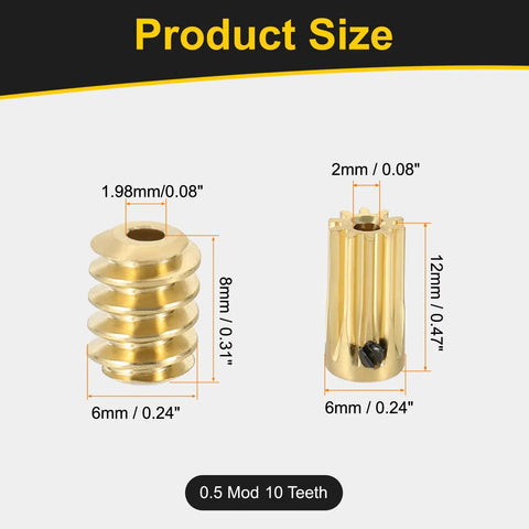 Worm Gear Set 10T 0.5 Module Ten To One Reduction Right Rotation Drive Gear Box Brass Gear 2mm Bore Brass Rod 1.98mm Bore Gear And Worm Included For Small Machinery DIY Projects product size dimensions in mm and inches