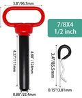 Beefy Heavy Duty Trailer Hitch Pin And Clip Set Seven Eighths By Four And A Half Inch Two Pack Red Handle Solid Steel With Black Coating Rust Resistant For Towing RV Boat Car Truck Gate And Tractor Pins size and clip close-up