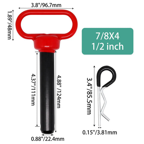Beefy Heavy Duty Trailer Hitch Pin And Clip Set Seven Eighths By Four And A Half Inch Two Pack Red Handle Solid Steel With Black Coating Rust Resistant For Towing RV Boat Car Truck Gate And Tractor Pins size and clip close-up