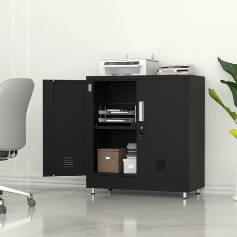 Locking Metal Storage Cabinet With Adjustable Shelves, Compact Lockable Sideboard For Home Or Office, black, showing open doors.