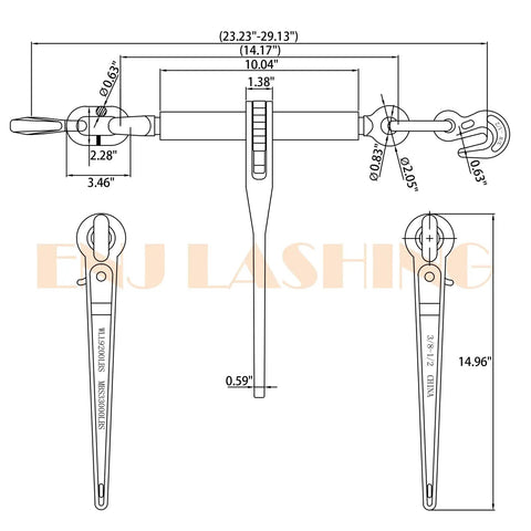 Diagram of Two Pack Ratchet Load Binder With Grab Hooks For 1/2 To 5/8 Grade 70 Transport Chain showing dimensions and features.