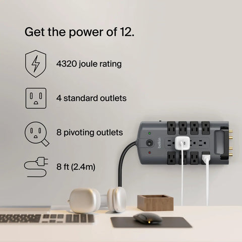 Surge Protector Power Strip With Eight Rotating Outlets And Four Standard Sockets, Eight-Foot Extension Cord, Flat Pivot Plug, 4320 Joules Of Protection For Home Office Travel Desktop And Charging Gear on a desk setup.