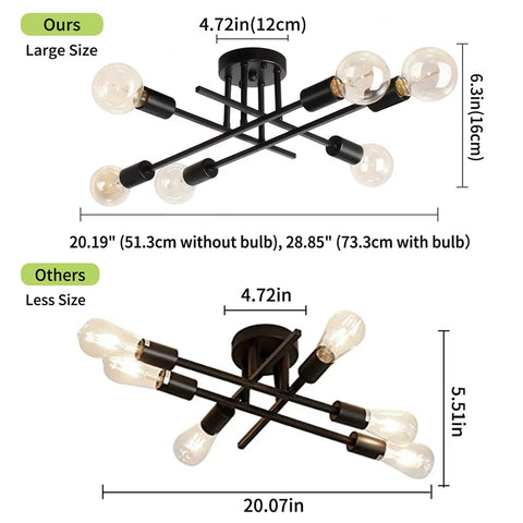 Comparison between large and less size 6 Lights Semi Flush Mount Modern Ceiling Light Fixture with Industrial Black Metal Sputnik Chandelier.