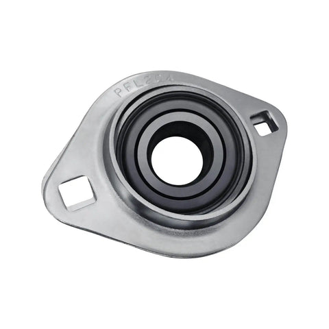 Rock Solid Flange Mounted Bearing With Pressed Steel Housing And Two Bolt Base For Smooth Shaft Rotation Internal Bore Measures Twenty Millimeters Heavy Duty Industrial Block With No Sweat Performance