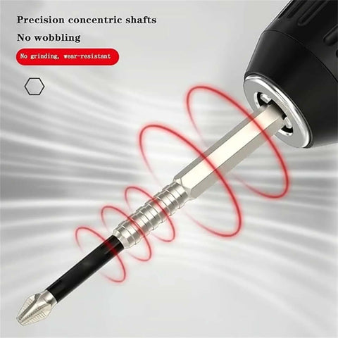 Side view of high-magnetic screwdriver drill bit with hex shank and magnetic tip on a black handle.