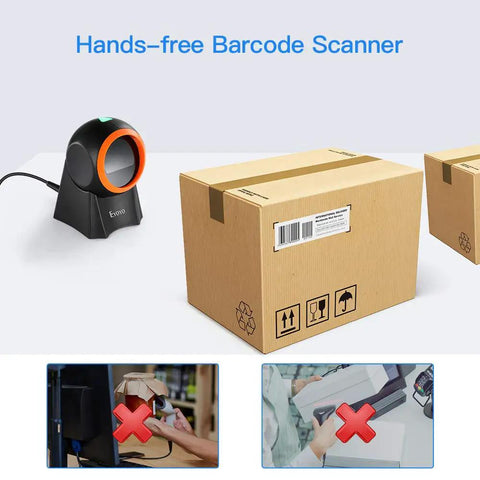 Hands Free 1D 2D Barcode Scanner With QR Reader Plug And Play For Desktop POS Systems Screen Scanning Supported Perfect For Warehouse Supermarket Retail Store And Bookstore Inventory Management next to cardboard box