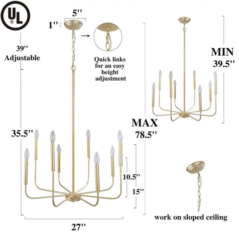 Gold Eight Arm Modern Chandelier With Two Height Options, showing dimensions and chain length for various ceiling applications.