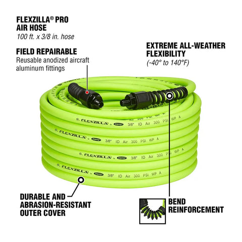 Heavy Duty Hybrid Air Hose 3/8 Inch By 100 Foot, Lightweight Pro Grade For All Weather Use, Kink Resistant, Field Repairable Anodized Aluminum Fittings, Abrasion Resistant Outer Cover, Bend Restrictor, ZillaGreen coiled on white background