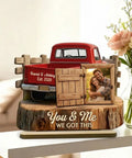 Red pickup truck wood plaque with custom couple photo, personalized text 'You & Me We Got This', decor gift for Valentine anniversary.