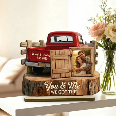 Red pickup truck wood plaque with custom couple photo, personalized text 'You & Me We Got This', decor gift for Valentine anniversary.