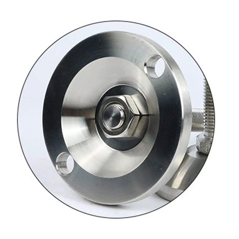 Built Tough Adjustable Furniture Levelers Twin Mount Holes Heavy Duty Machine Feet close-up of stainless steel base for stability.