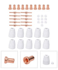 Plasma Cutter Consumables Kit With Cups Electrodes Ring Tips And Accessories For CT312 CUT50 shown with 10 white ceramic cups and copper components.