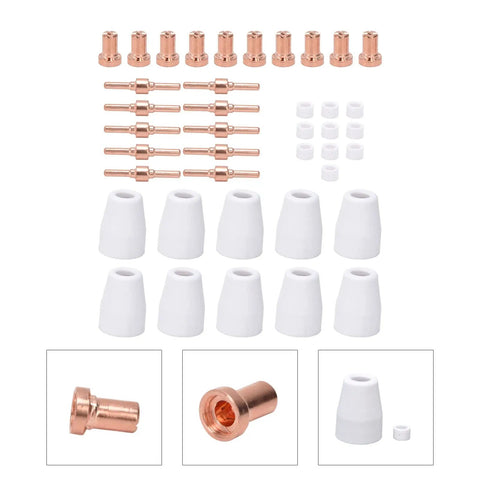 Plasma Cutter Consumables Kit With Cups Electrodes Ring Tips And Accessories For CT312 CUT50 shown with 10 white ceramic cups and copper components.