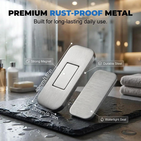 Ultra Thin No Drill Magnetic Cabinet Catch Set With Adhesive Stainless Steel Door Latch in bathroom setting