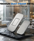 8 Pack Ultra Thin Magnetic Cabinet Door Catches With Strong Adhesive Mounts No Drill Installation Keeps Cabinets And Drawers Closed For Kitchen Bathroom Closet RV Black Finish, stainless steel design, dimensions 40mm x 20mm, moisture-resistant base on a wet surface.
