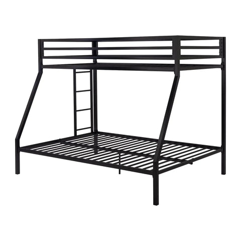 Rock Solid Twin Over Full Bunk Bed With Heavy Duty Steel Frame, Adjustable Ladder, Secure Guardrails, Space Maximizing Bedroom Furniture, Chill Sleep Setup, Sleek Black Finish in profile view.