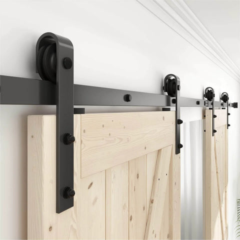 Antique Black Sliding Barn Door Hardware Kit With Double Track Roller System 6.6 Foot Length Fits 4 To 18 Foot Openings