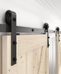 Antique Style 15 Foot Double Sliding Barn Door Hardware Roller Track Kit Black Finish installed on wooden doors