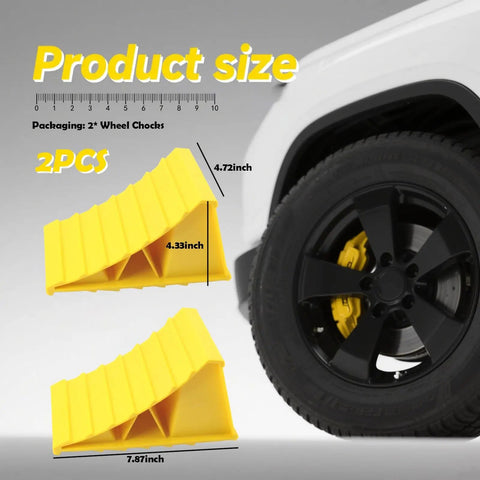 Heavy Duty Wheel Chocks 2 Pack For Trailers And RVs Non Slip Triangular Tire Blocks With Double Sided Serrated Grip shown next to car tire
