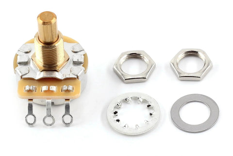 The Art Of Tone CTS 500k guitar potentiometer with short brass shaft and amber body; includes two hex nuts and washers.