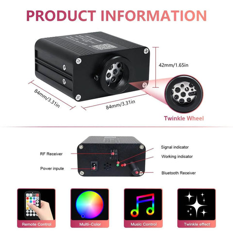 Car And Home Starlight Headliner Kit With 16W High Power RGBW Fiber Optic Lights Twinkle And Sound Activated App And Remote Control dimensions