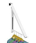 Over The Door Hanger Rack, Foldable Closet Organizer For Clothes And Towels, white, loaded with shirts, shown on standard door edge