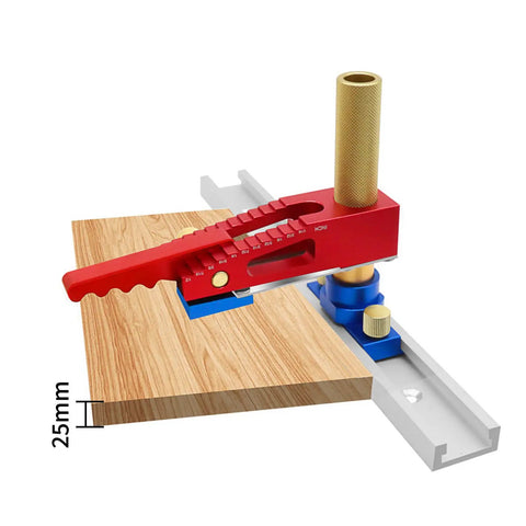 Heavy Duty Bench Dog Hold Down Clamp For Workbench And Desktop Woodworking clamping a wood board with height gauge visible at 25mm.
