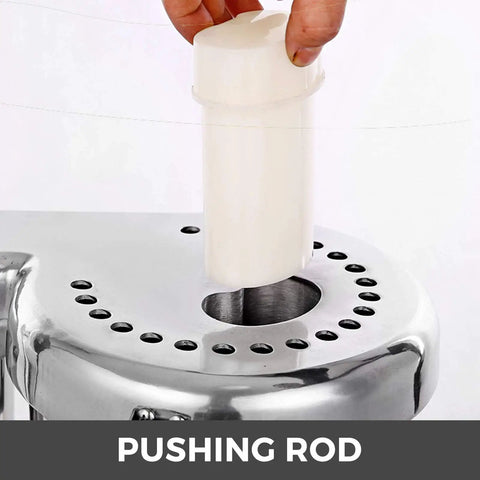 Heavy Duty 370W Electric Juice Extractor With Stainless Steel Body showing pushing rod above the juicer's metal feed opening.