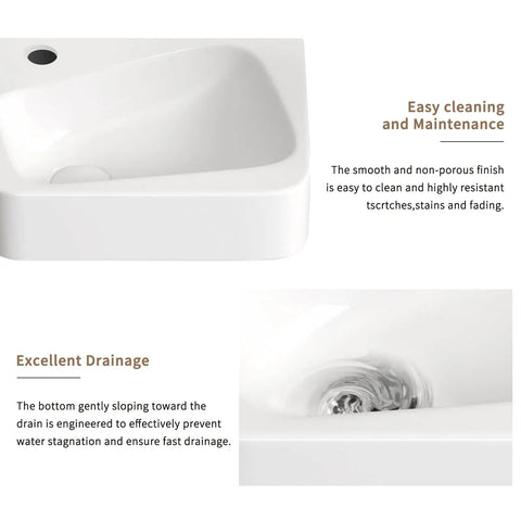 HAOCHRYSYPH Ceramic Wall Mount Bathroom Sink, Milk White, 14.18x10.24 in., showing smooth finish and efficient drainage design.