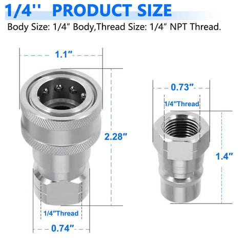 One Quarter Inch Hydraulic Quick Connect Couplers With Dust Caps ISO 7241 B Poppet Valve Pioneer Style Zero Leak For Agricultural And Industrial Equipment Heavy Duty NPT Thread And Body Set Of 2 with dimensions