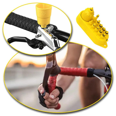 Collage showing Heavy Duty Bicycle Hydraulic Brake Bleed Kit With Inflatable Cylinder And Funnel, cyclist gripping handlebar.