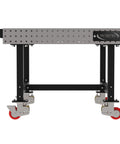 Rock Solid Mobile Welding Fixture Table Featuring Precision Laser Grid Holes 48 By 48 By 36 Inches showing mobile setup with sturdy wheels.