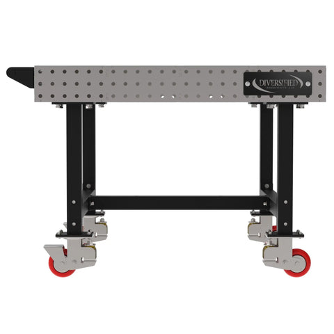 Rock Solid Mobile Welding Fixture Table Featuring Precision Laser Grid Holes 48 By 48 By 36 Inches showing mobile setup with sturdy wheels.