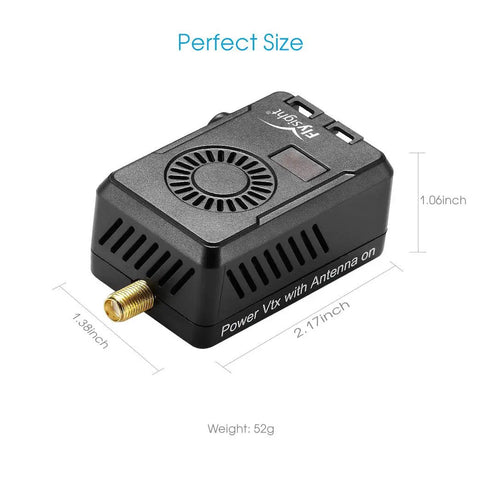 Black Mamba 5.8GHz FPV Video Transmitter For RC Drones And Quadcopters 40 Channel VTX With RP-SMA Antenna, size dimensions shown