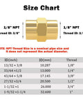 Size chart for brass NPT female coupler fittings with 1/8 inch NPT threads and corresponding dimensions in inches and millimeters.