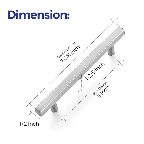 Image showing dimensions of 60 Pack Square Cabinet Pulls In Brushed Nickel 7 3/8 Inch Length 5 Inch Hole Center.