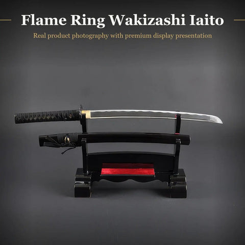 Unsharpened Aluminum Iaido Wakizashi Training Sword For Safe Practice And Dope Nukitsuke And Noto Drills on display stand