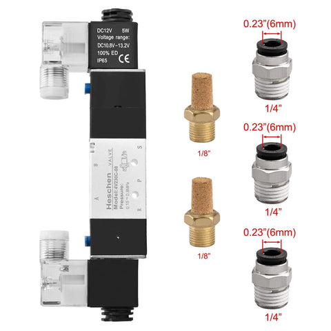 Industrial Grade 5 Way 3 Position Internally Piloted Pneumatic Solenoid Valve 4V230-08C, 12V DC Coil, connectors shown