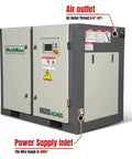 Beefy 20HP Rotary Screw Air Compressor With 78 CFM And 116 PSI At 460V Three Phase Industrial Grade showing air outlet and power supply inlet