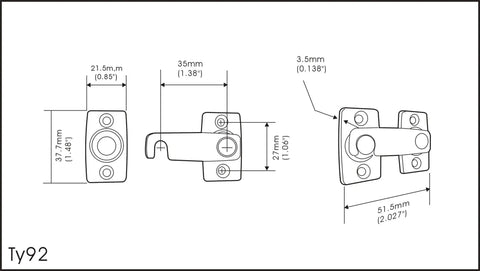 Technical diagram of Solid Brass Shutter Bar And Door Latch Matte Black For Shutters And Small Cabinets Seven Eighths Inch By Two And Three Thirty Seconds Inch Includes Mounting Screws One Pack Built Tough Durable And Sturdy Construction Made In Taiwan