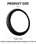 Premium Black Leather Steering Wheel Cover, Hella Soft Non Slip Grip, secure fit for 14.5 to 15 inch wheels, displaying product size.