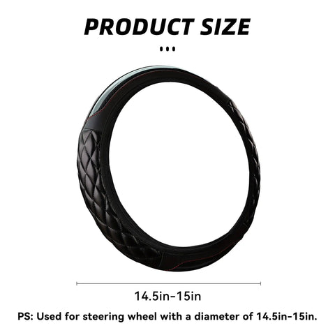 Premium Black Leather Steering Wheel Cover, Hella Soft Non Slip Grip, secure fit for 14.5 to 15 inch wheels, displaying product size.