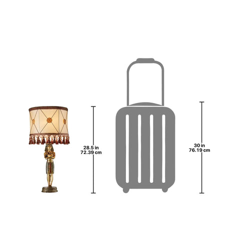 Tutankhamen Inspired Sculptural Table Lamp Hand Cast With Real Crushed Stone Bonded To Designer Resin next to suitcase height comparison