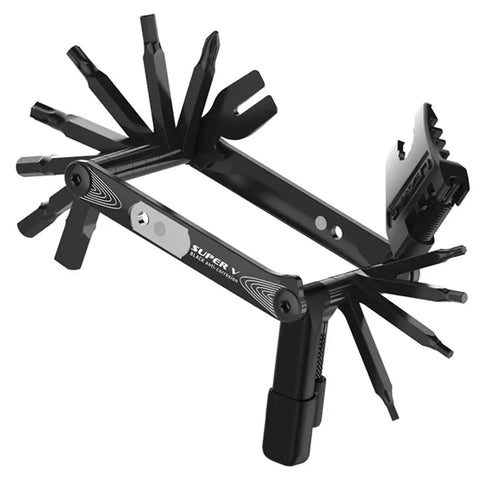 Super V 23 In 1 Bike Multi Tool for road and trail repair with extended steel bits, showing all 23 functions.